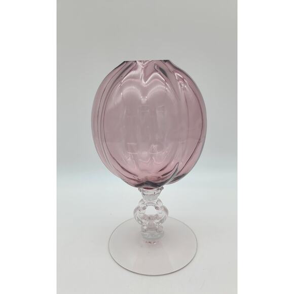 VTG Cambridge Glass 8” Ivy Amethyst Ball Vase Clear Keyhole Stem Melon Decagon - Picture 1 of 7